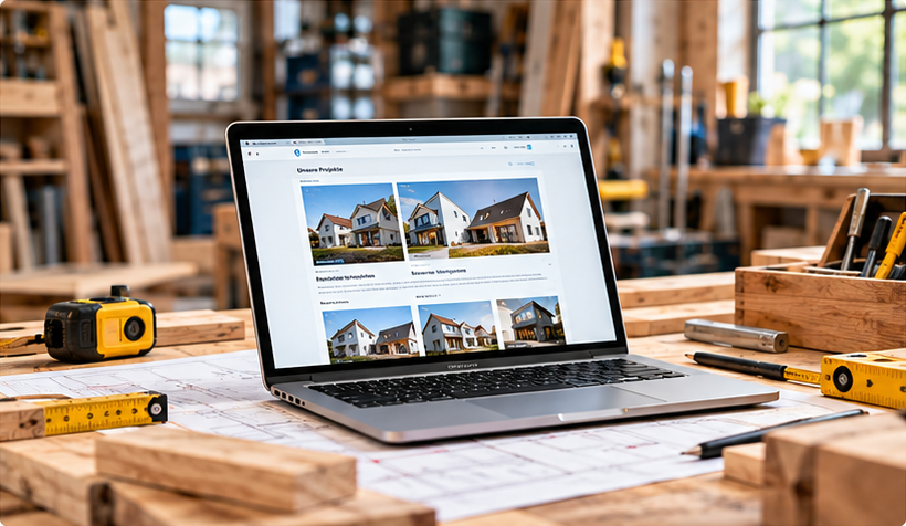 Laptop mit Website-Ansicht auf einer Werkbank