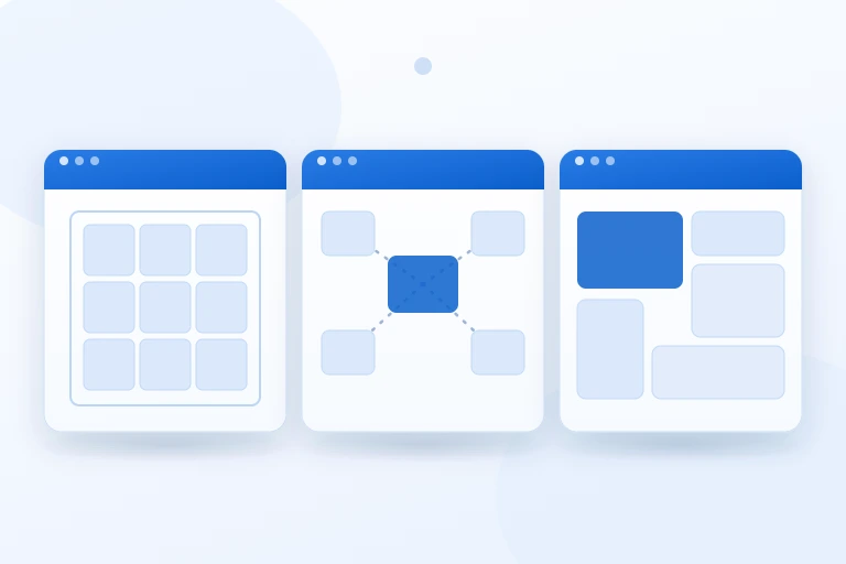 Drei gleichwertige technische Website-Bausteinwelten – geschlossenes Baukastensystem, flexibles CMS-Komponentenmodell und projektspezifisch zusammengesetzte Struktur – als Illustration