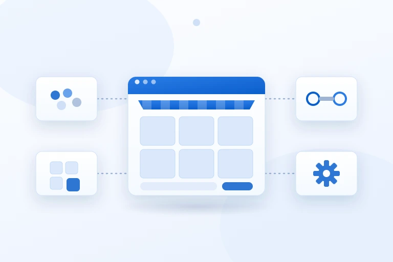 Zentrale gehostete Shop-Plattform mit neutral andockenden Modulen für Design, Apps, Integrationen und Betrieb als Illustration