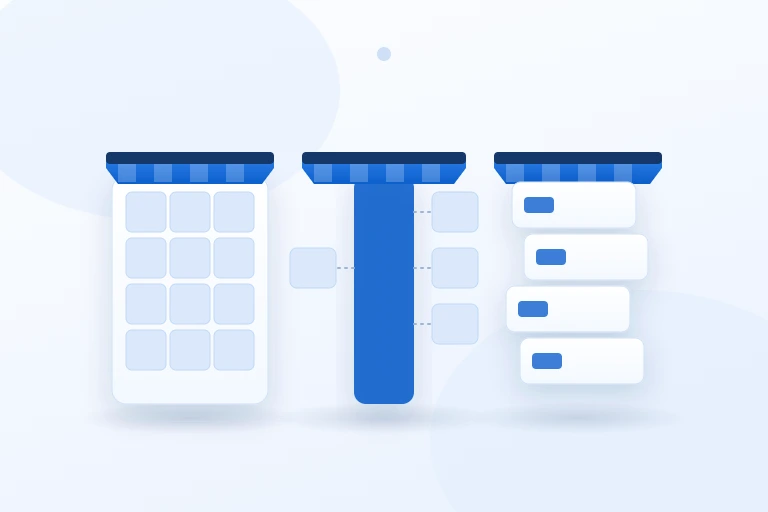 Drei gleichwertige, abstrahierte Shopsystem-Architekturen als Bausteinwelten nebeneinander – ohne Rangfolge – als Illustration