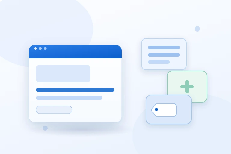 Eine Website-Projektkarte im Vordergrund, dahinter zusätzliche Bausteine für Lizenz, Hosting, Support und Erweiterung, als Illustration