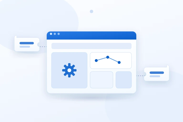 Website-Oberfläche mit mehreren individuell zusammengefügten Funktionsbausteinen und Datenknoten als Illustration