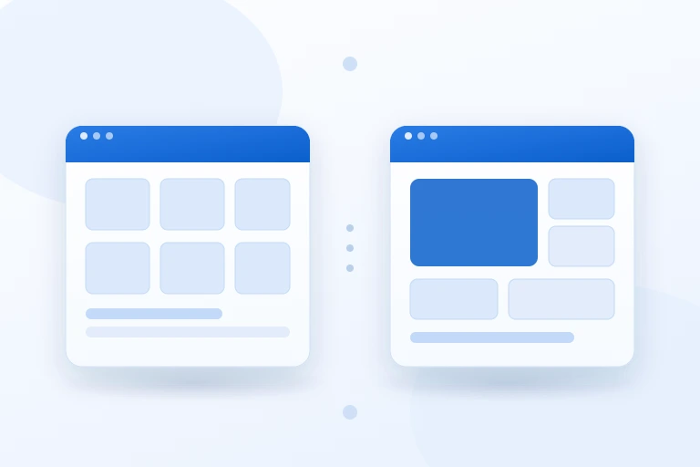 Zwei abstrahierte Website-Layoutwelten – eine stärker standardisiert-modular, eine stärker individuell angepasst – als Illustration